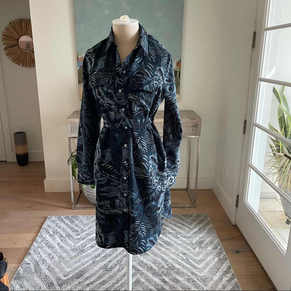Ann Taylor Loft Blue Rainforest Pattern Button Up Dress Business Casual Career